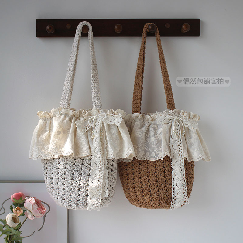 日系森女系荷叶花边棉线编织包
