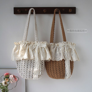 偶然包铺 日系森女田园风荷叶花边钩花棉线编织水桶手提单肩包包