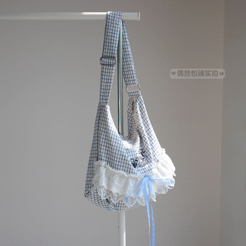原创春季新款小清新甜美森系蕾丝花边棉布袋子格子单肩女包斜挎包