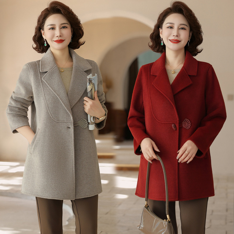 恒源祥妈妈春秋装高贵双面呢外套中老年女装洋气阔太太毛呢大衣