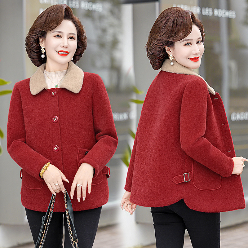 恒源祥中年妈妈春秋装双面呢翻领外套短款中老年女装洋气冬厚毛呢