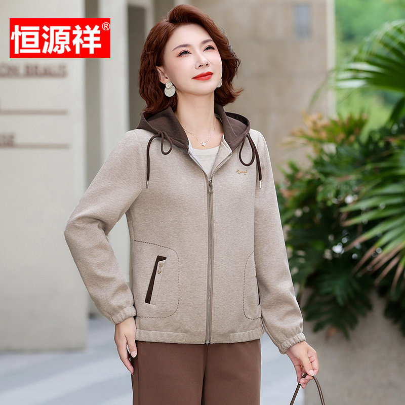 恒源祥中年妈妈装连帽春装外套女中老年休闲宽松短款夹克洋气上衣