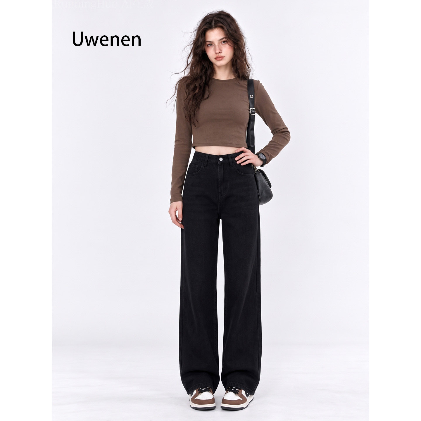 Uwenen   阔腿牛仔裤女秋季新款高腰直通宽松拖地裤黑色裤子百搭