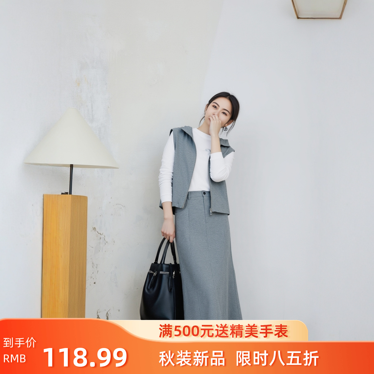 无袖连帽双拉链修身马甲上衣女