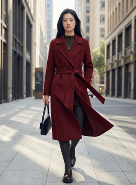 N2999~【商场同步】25冬季绵羊毛高级感红色收腰加厚双面呢大衣女