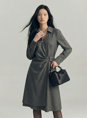 N639~【商场同步】26春季设计感翻边V领长袖褶皱收腰显瘦连衣裙女