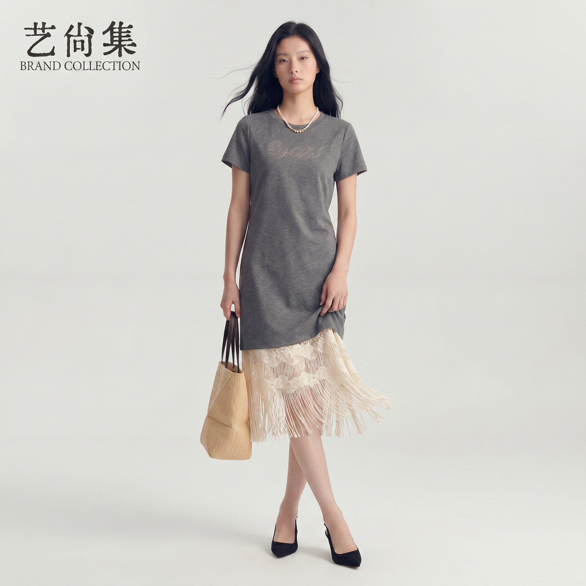 蕾丝长款流苏吊带圆领连衣裙套装