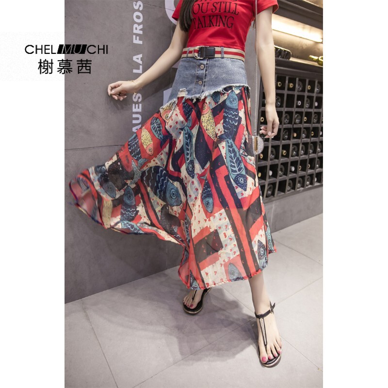 夏新款牛仔拼接雪紡網紗裙半身長裙女 高腰a字裙中長款沙灘裙半裙在類目 女裝/女士精品, 半身裙中 - 來自Buy2taobao.com提供專業的淘寶代購服務