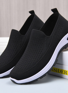 老北京布鞋男黑色工作鞋防滑耐磨厨师鞋春秋平底单鞋一脚蹬爸爸鞋