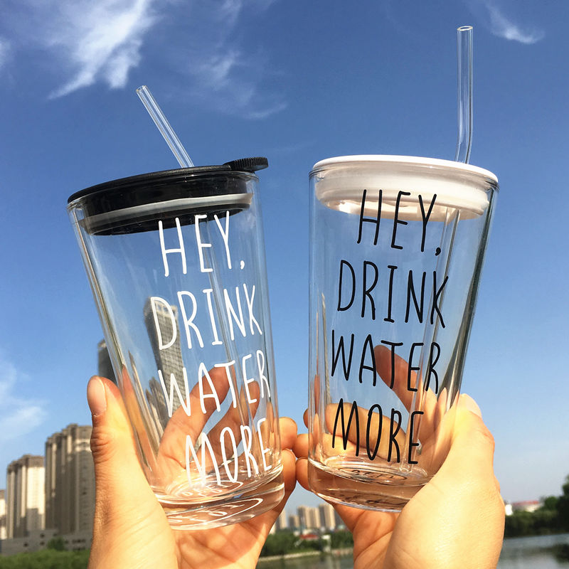 简约时尚透明玻璃杯hey drink water more耐热英文字母果汁早餐杯