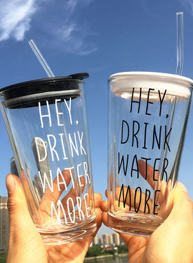 简约时尚透明玻璃杯hey drink water more耐热英文字母果汁早餐杯