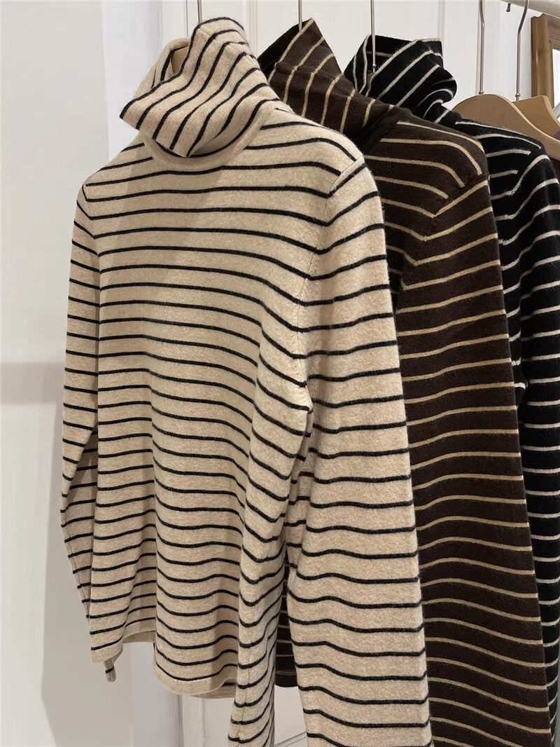 가을과 겨울 여성용 레트로 대비 스트라이프 터틀넥 바닥 셔츠 얇은 벨벳 두꺼운 긴팔 탑이 있는 새로운 슬림핏 내부 레이어