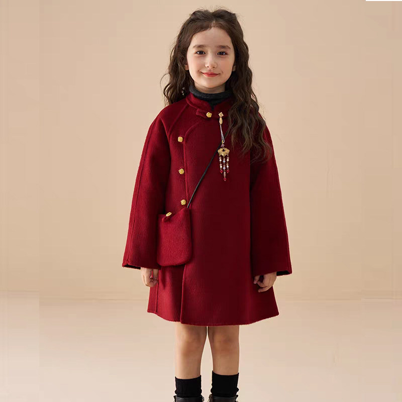 拜年服两面两穿新年大吉双面羊毛女童毛呢外套呢子大衣生日礼物