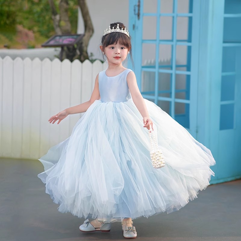 女童夏季新款蓝色长款网纱吊带连衣裙艾莎公主裙缎面蓬蓬裙度假裙