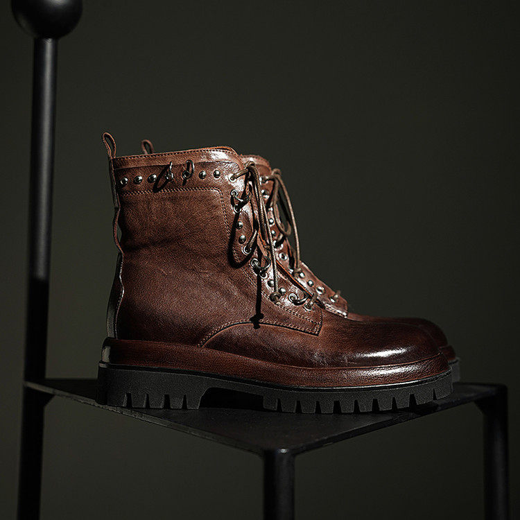 新款里外全皮头层水洗牛皮复古做旧厚底短靴高奢大牌铆钉马丁靴子