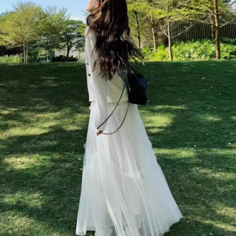 白色网纱a字裙半身裙显瘦仙新款春秋纱裙女半身高腰长款垂感大摆