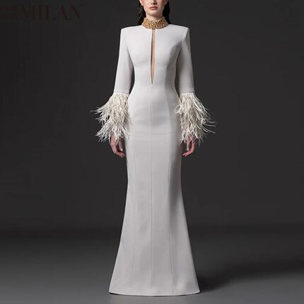 演出服晚礼服长裙2026新欧美明星重工钉珠羽毛装饰艺考长款连衣裙