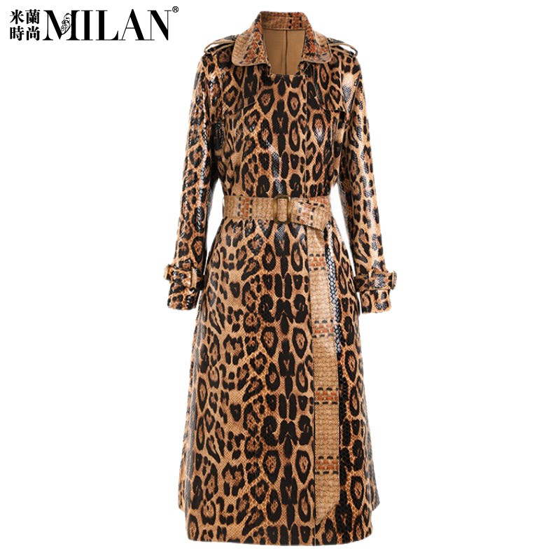 欧美明星豹纹蛇皮纹风衣PU皮衣女