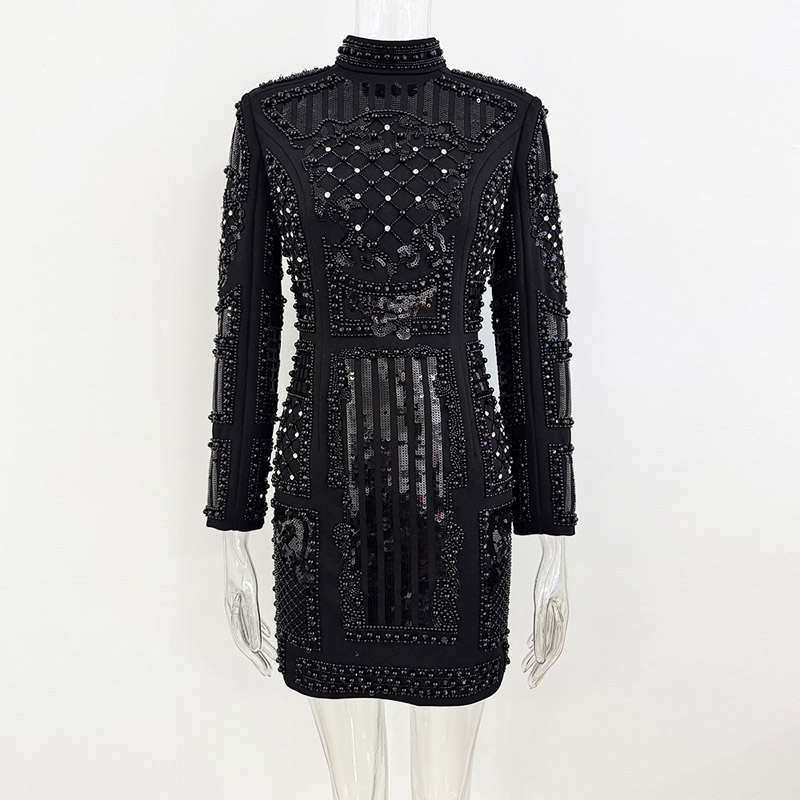 现货2025新款欧美高品质重工钉珠镶钻亮片弹力紧身短裙连衣裙礼服