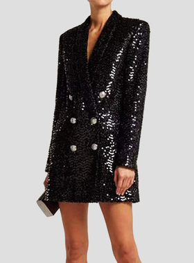 现货2025欧美明星BLING亮片青果领双排扣中长款西装外套裙晚礼服