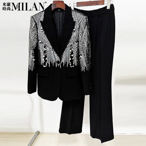 现货2026新款深圳高货时尚钉珠亮片西装套装微喇长裤OL通勤两件套