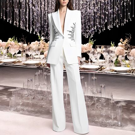 明星款白色西服套装2026新款重工钉珠镶钻西装微喇裤OL通勤两件套