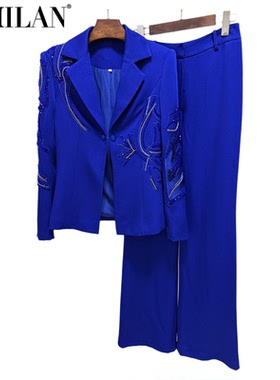 现货2026欧美显白克莱茵蓝重工钉珠刺绣修身西装阔腿长裤两件套装