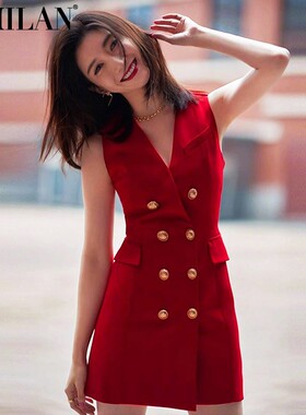 现货2026春夏欧美明星V领无袖双排扣西装短裙女ol通勤连衣裙红色
