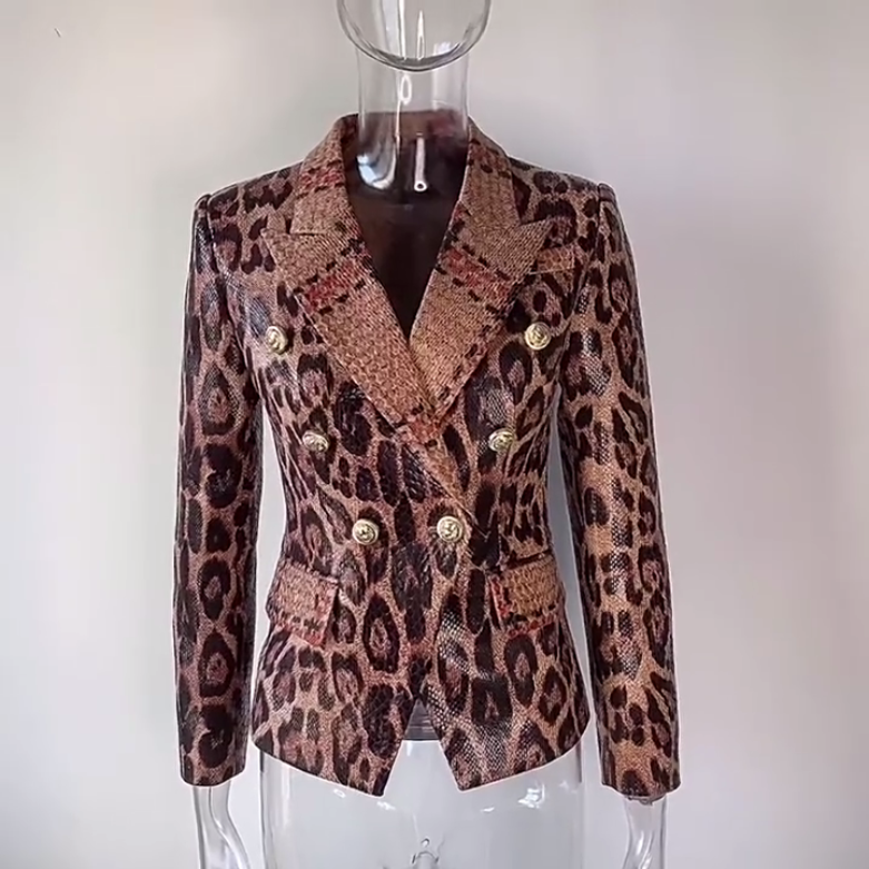 网红款豹纹蛇皮纹PU仿皮西装外套
