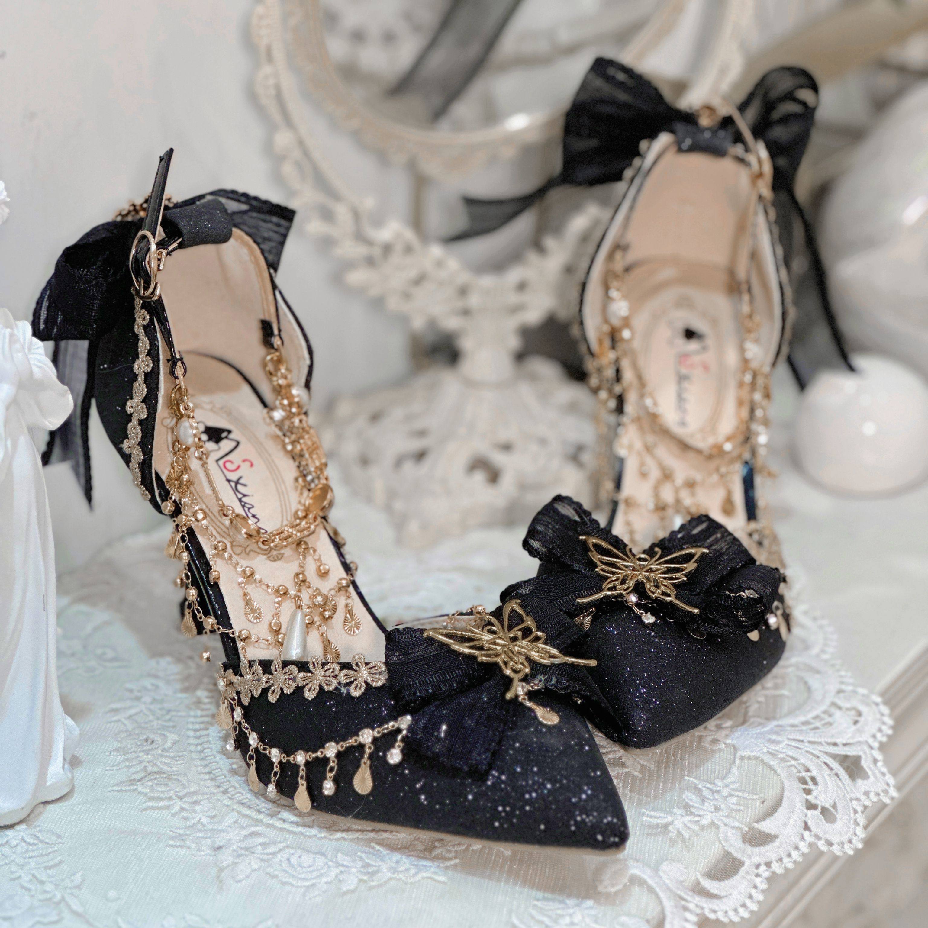 【黯夜蝶影】圆梦lolita手作原创18岁洛丽塔鞋黑金御姐尖头细高跟