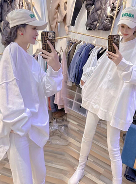 速发202春季新款白色打衫底宽松大码恤棉长袖t纯大版洋气上衣欧货