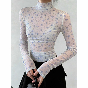 半高领碎花微透修身长袖T恤春装2026女款设计感内搭网纱打底上衣