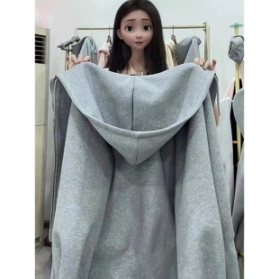 灰色连帽卫衣女春秋款小个子秋冬宽松显瘦百搭加绒开衫大帽子外套