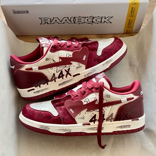 男运动情侣休闲鞋 沙发百搭冬季 女 猫与拼兽原创小众潮鞋 红色板鞋