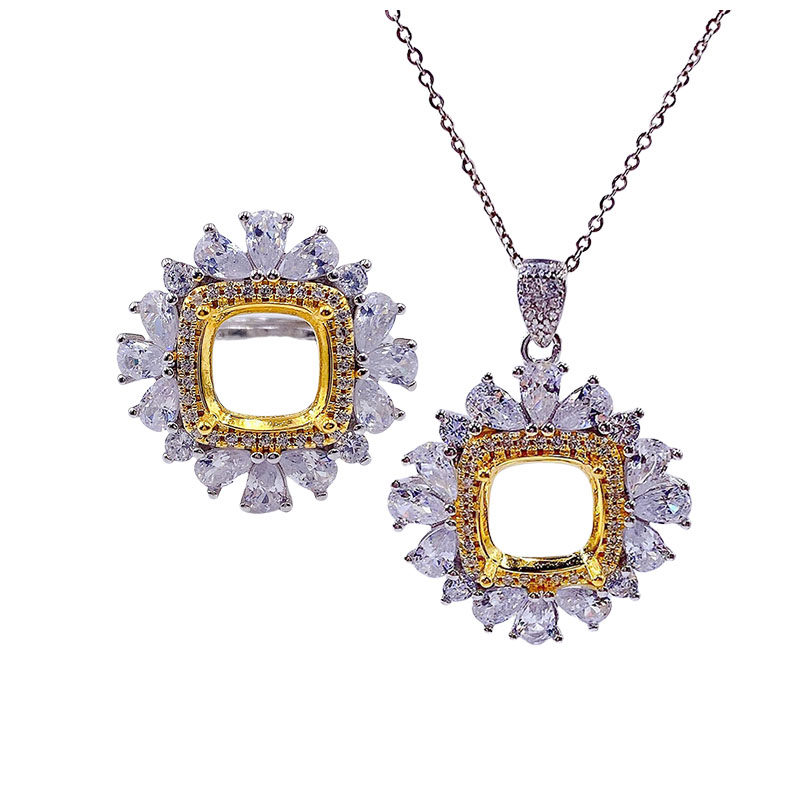 精工双色豪华满钻戒指吊坠空托套装S925银镀18K金镶嵌肥正方10mm