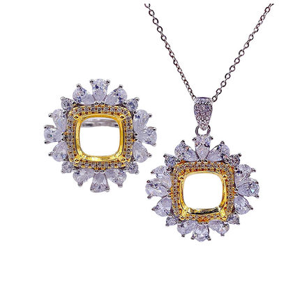 精工双色豪华满钻戒指吊坠空托套装S925银镀18K金镶嵌肥正方10mm