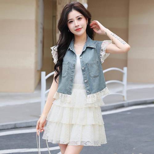 蕾丝拼接牛仔马甲小香风薄款衬衫