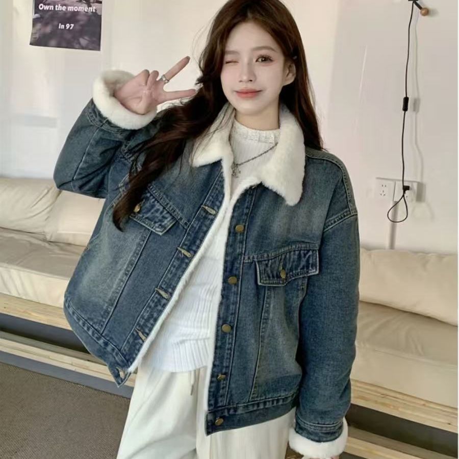 加绒加厚牛仔外套羊羔绒夹克上衣