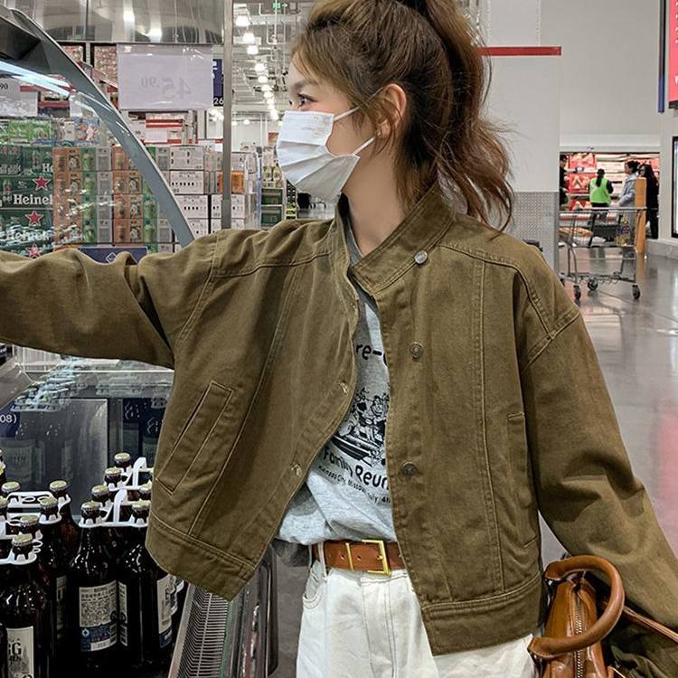 复古咖色牛仔短外套女2025春秋