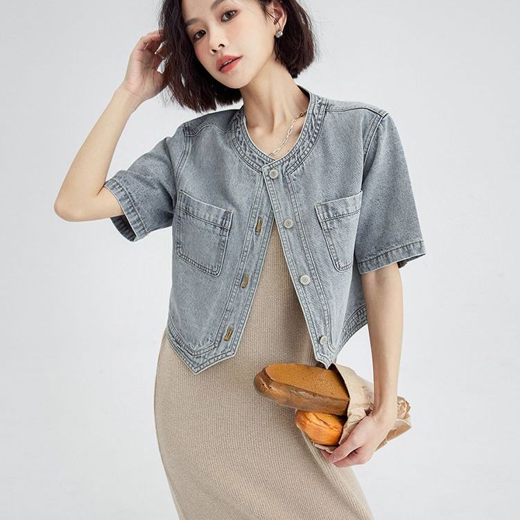 复古短款圆领牛仔马甲外套女图片