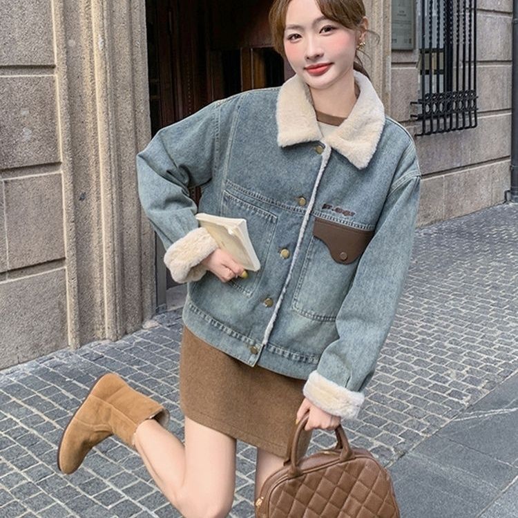 加绒加厚牛仔外套女2025秋冬新款