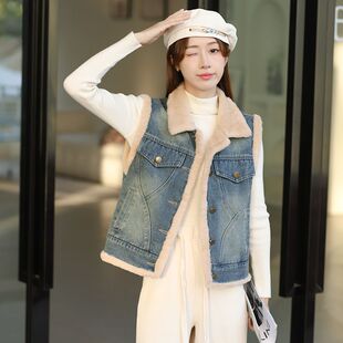 加绒加厚牛仔马甲女秋冬2025新款百搭短款小个子羊羔绒背心外套潮