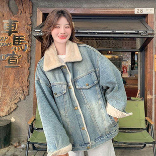 复古加绒加厚牛仔外套女2026秋冬款宽松百搭懒惰风外搭羊羔毛夹克