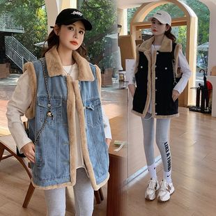 加绒加厚牛仔马甲女冬新款宽松百搭懒惰风羊羔毛无袖坎肩背心外套
