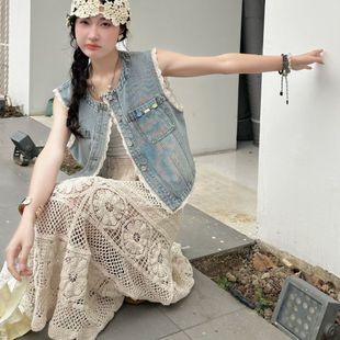 蕾丝拼接牛仔马甲女2025春秋新款 坎肩上衣潮 韩版 宽松显瘦百搭无袖