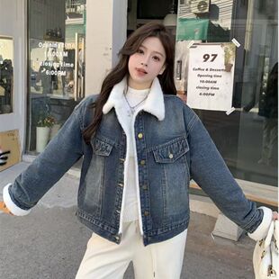 加绒加厚牛仔外套女秋冬2025新款宽松百搭短款小个子羊羔绒棉衣服