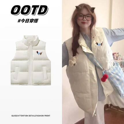 秋冬款卡通小众印花个性背心马甲新款可爱立领潮流小个子外穿马甲