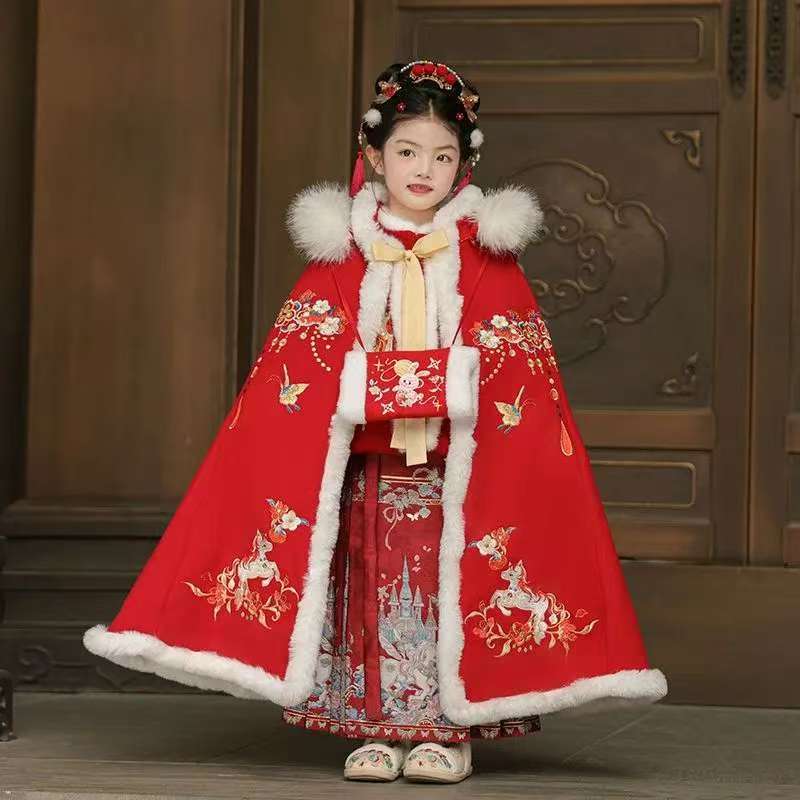 女童披风斗篷汉服冬季加绒加厚儿童中国风宝宝披肩马年拜年服冬季