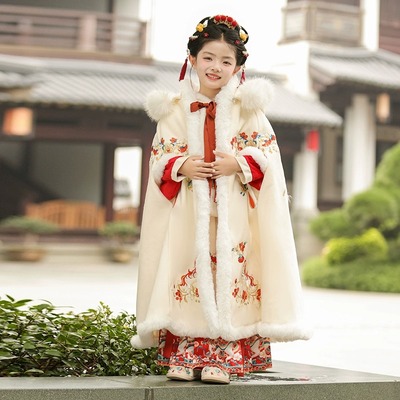 女童披风斗篷冬季儿童汉服加绒加厚中国风拜年服外出披肩古装冬款