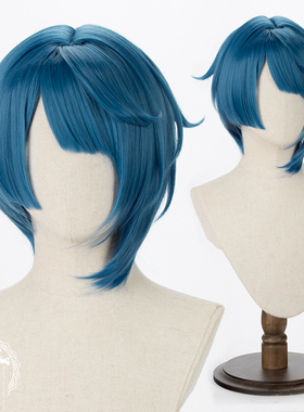 原神cos假发 行秋cospy假发 深青蓝色混湖绿色 少年cos假发